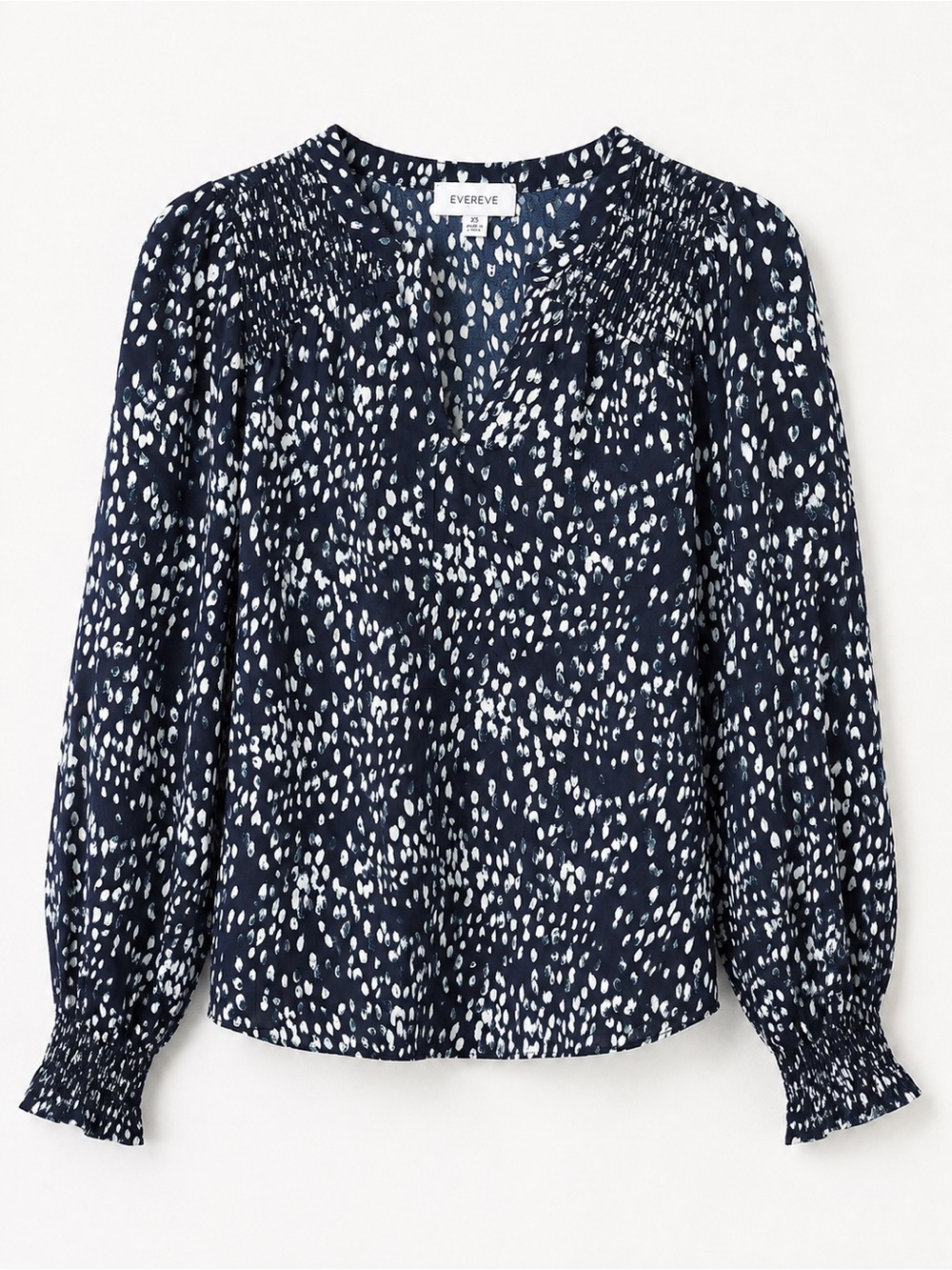 Evereve Navy and White Dot-Print Smocked Cuff Blouse